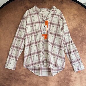 Weatherproof Vintage Comfort Stretch Plaid Button-Down Shirt in Cream and Pink